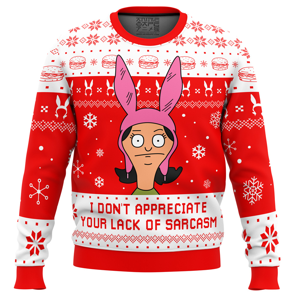 I Dont Appreciate Your Lack of Sarcasm Bobs Burgers Ugly Christmas Sweater FRONT mockup - Bob's Burgers Store